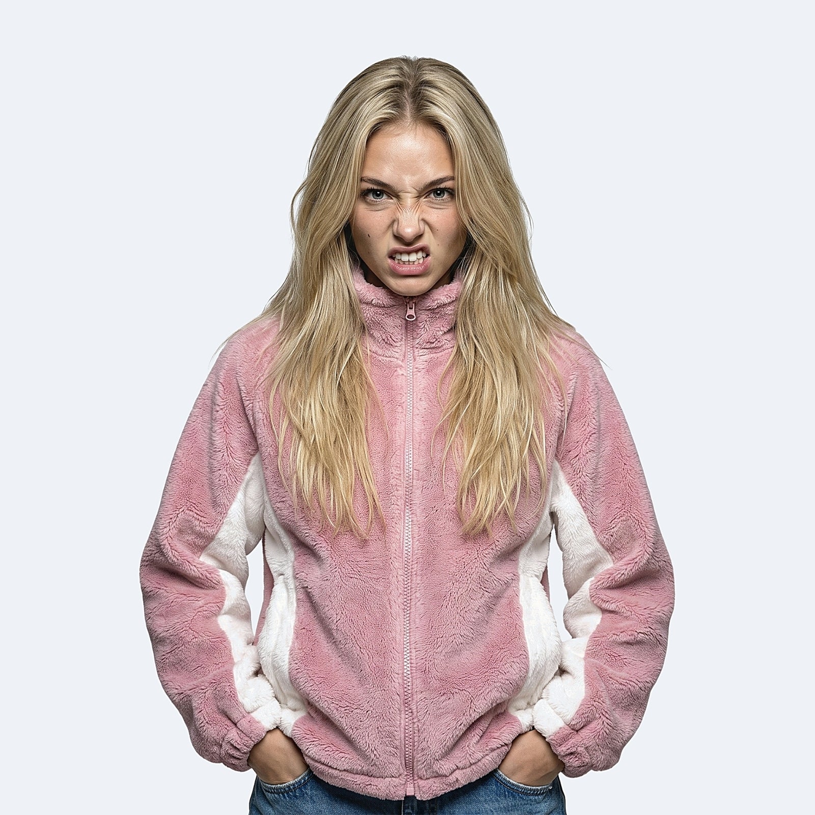 Pink. A woman with long blonde hair wearing a pink and white fleece zip-up jacket.