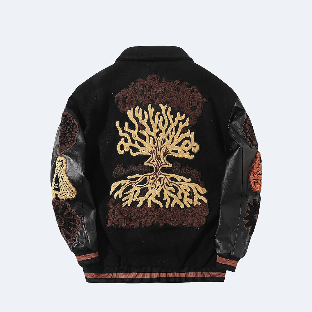 Black. A black leather and embroidered bomber jacket shown from the back, featuring a large gold tree design with brown and gold gothic-style lettering.