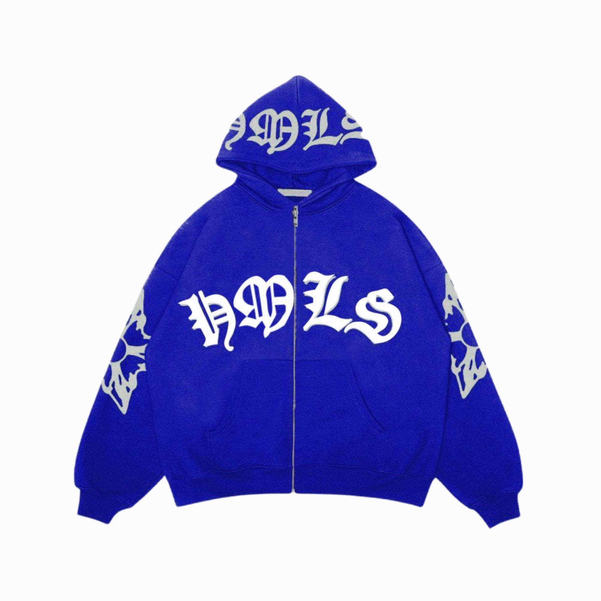 Blue hoodie with white text and designs on a white background