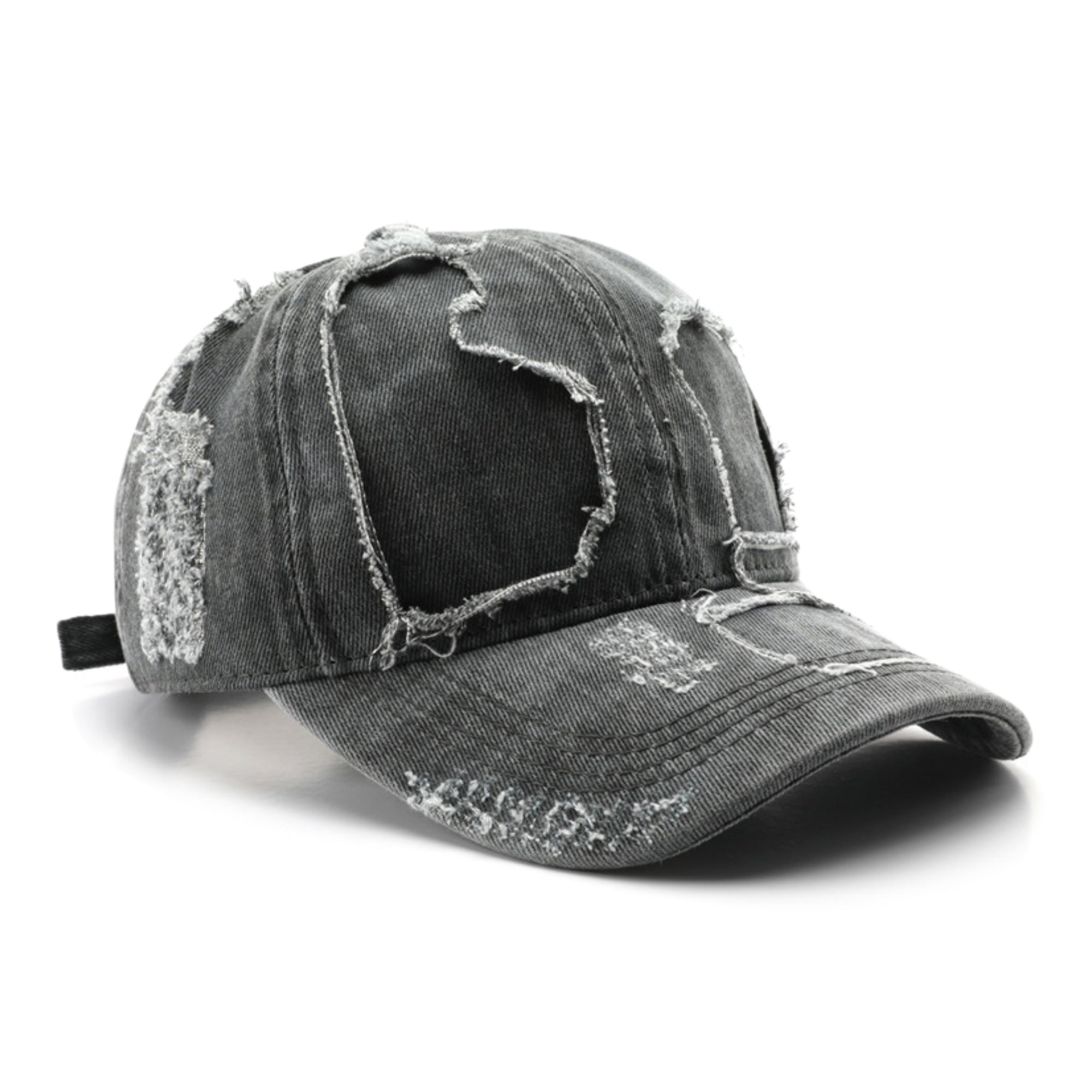 Distressed gray denim cap on a white background