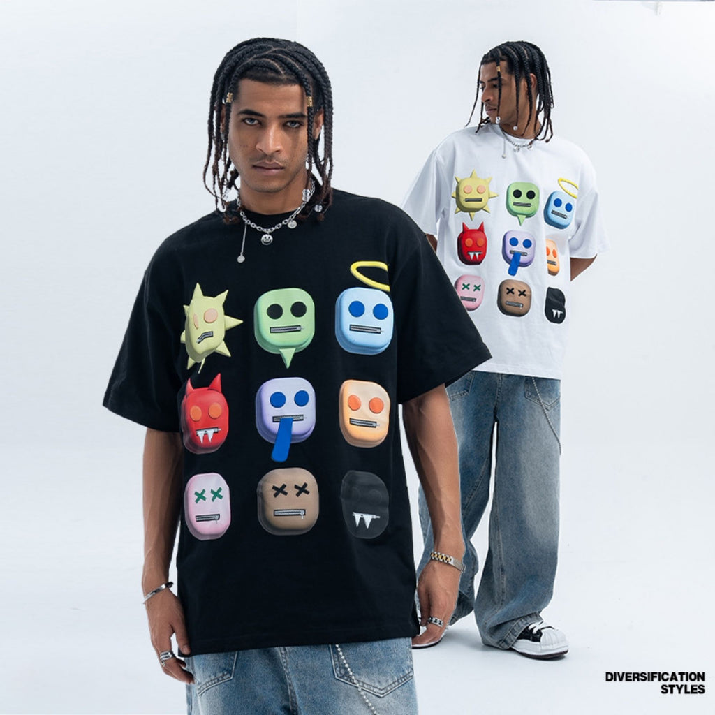 Two men wearing t-shirts with colorful emoji designs on a white background.