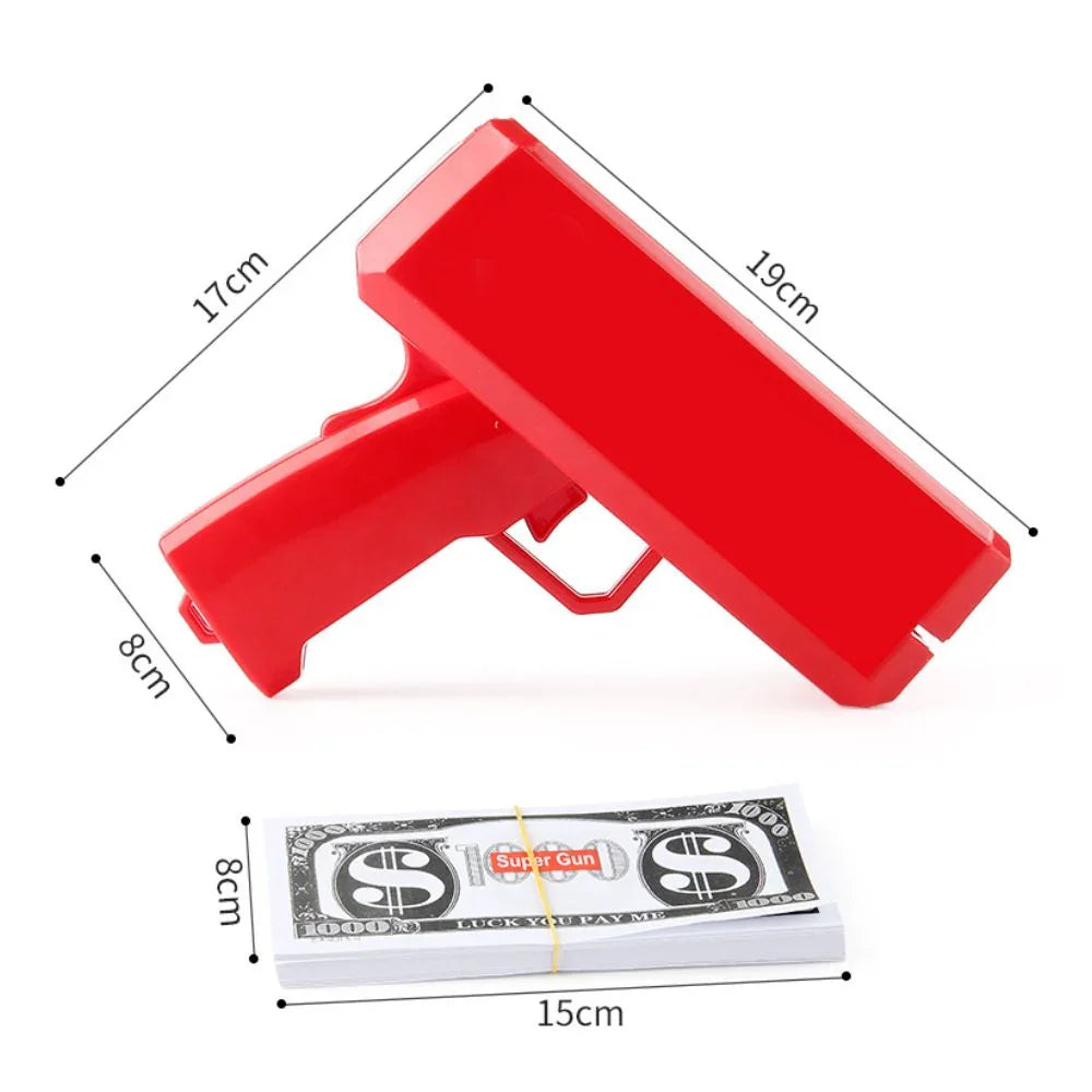 Red toy gun with dimensions labeled on a white background