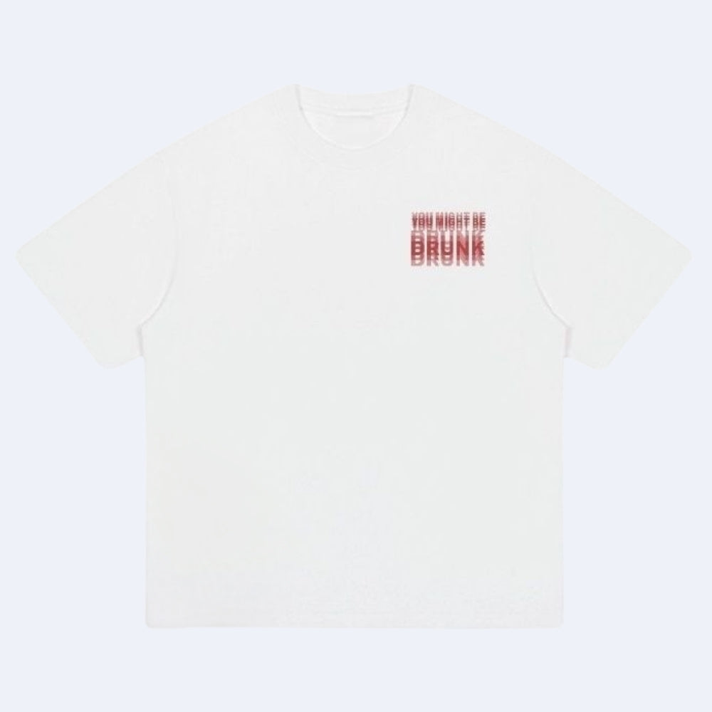 White. KRUX You Might Be Drunk white t-shirt, flat lay front view with small red chest print