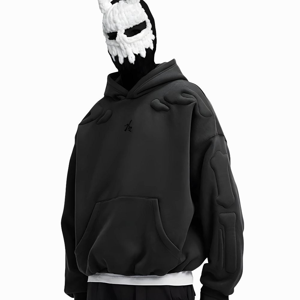 Person wearing a black hoodie and white mask on a white background