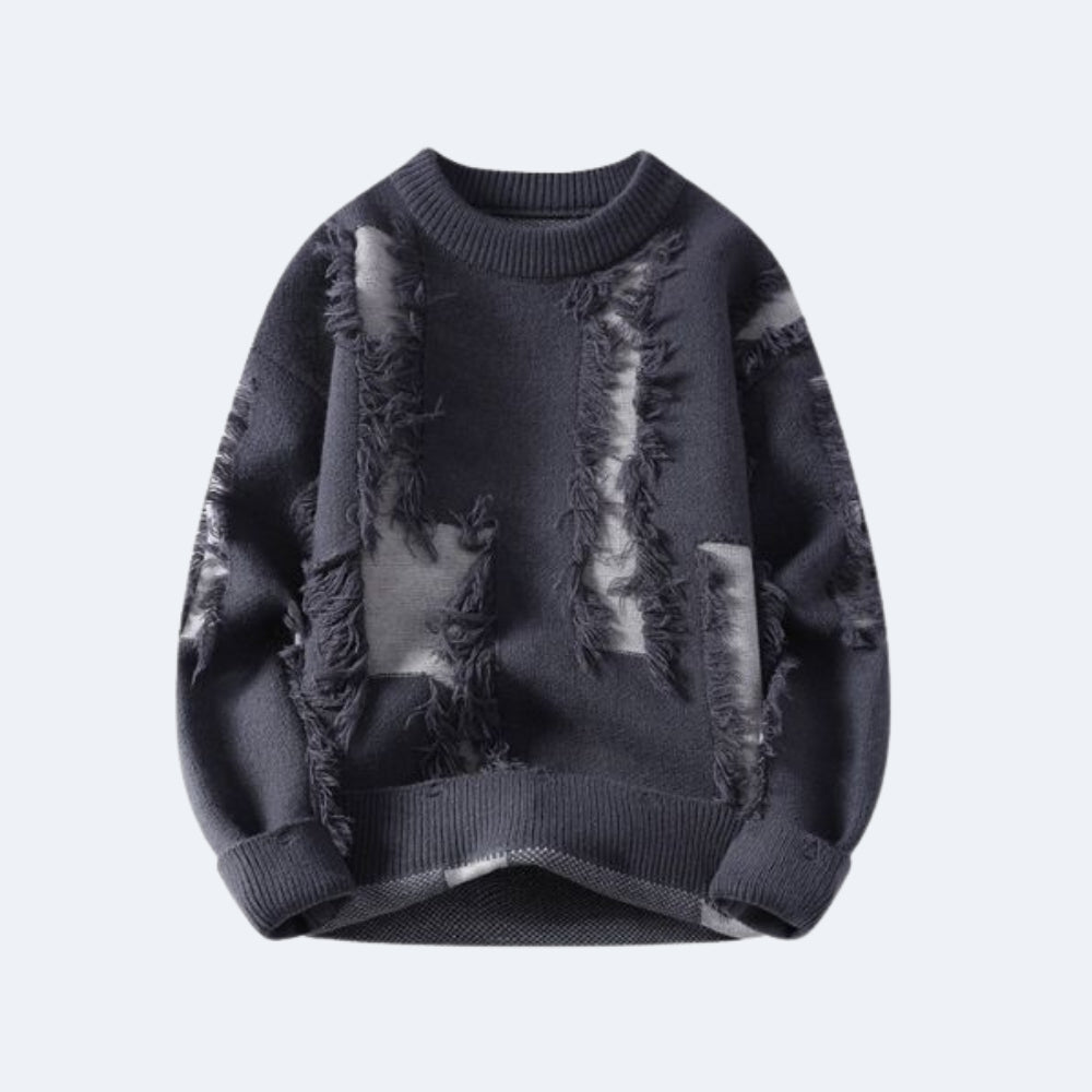 Dark Gray. A dark charcoal gray distressed knit sweater with raw frayed edges and layered faux-fur trim details.