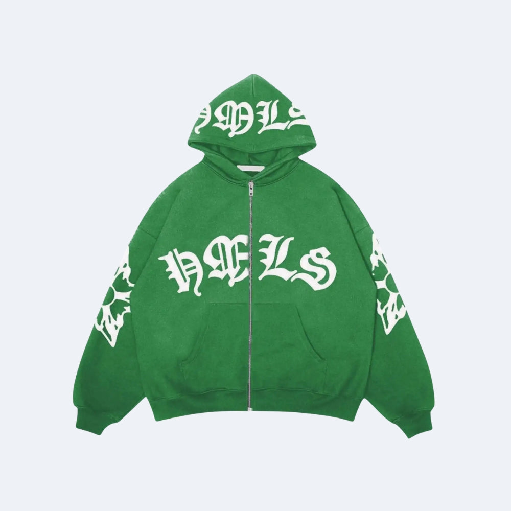 Green. A green zip-up hoodie with white Gothic lettering on the hood, front, and sleeves.