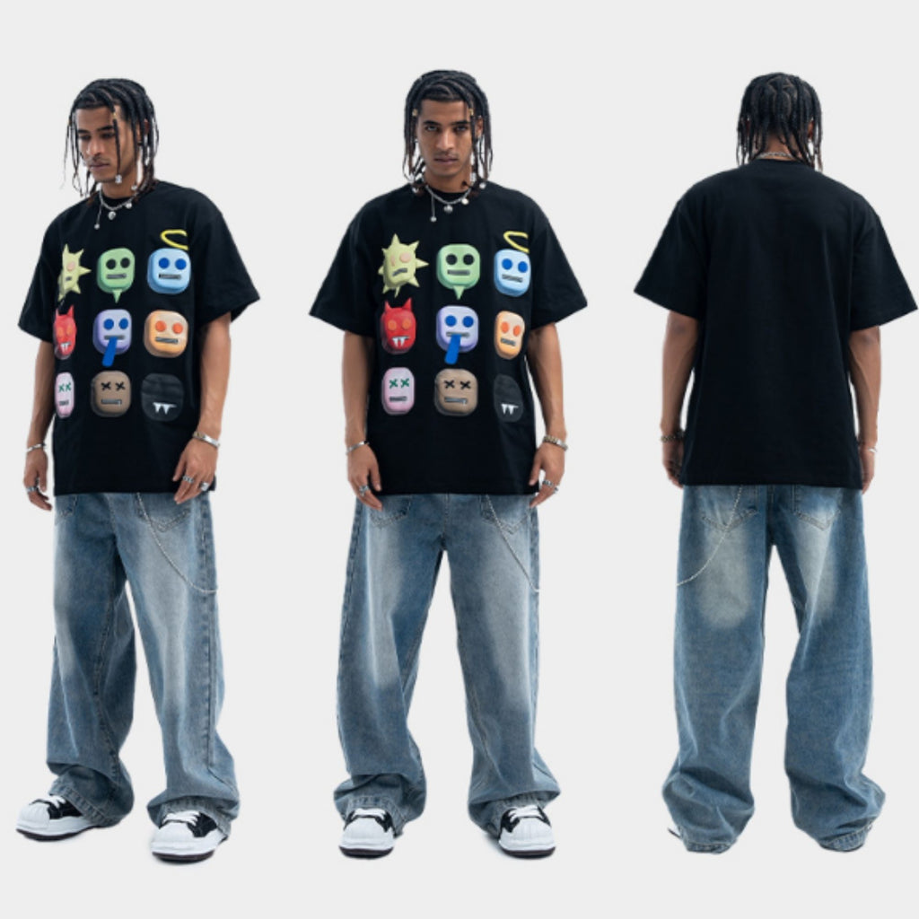 Person wearing a black t-shirt with colorful graphic design and blue jeans, shown from front, side, and back views.