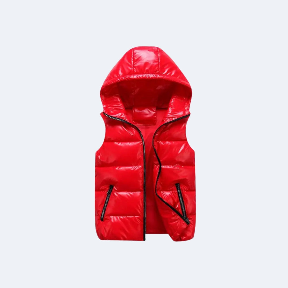Red. A bright red hooded puffer vest with black zipper accents, shown flat.