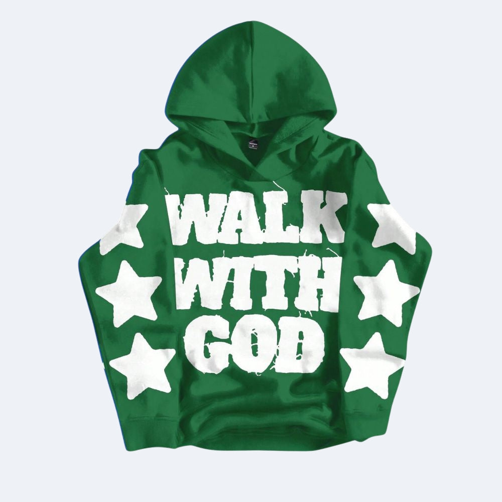 Green. A green pullover hoodie with WALK WITH GOD printed in distressed white block letters across the chest, surrounded by white stars on the sleeves.