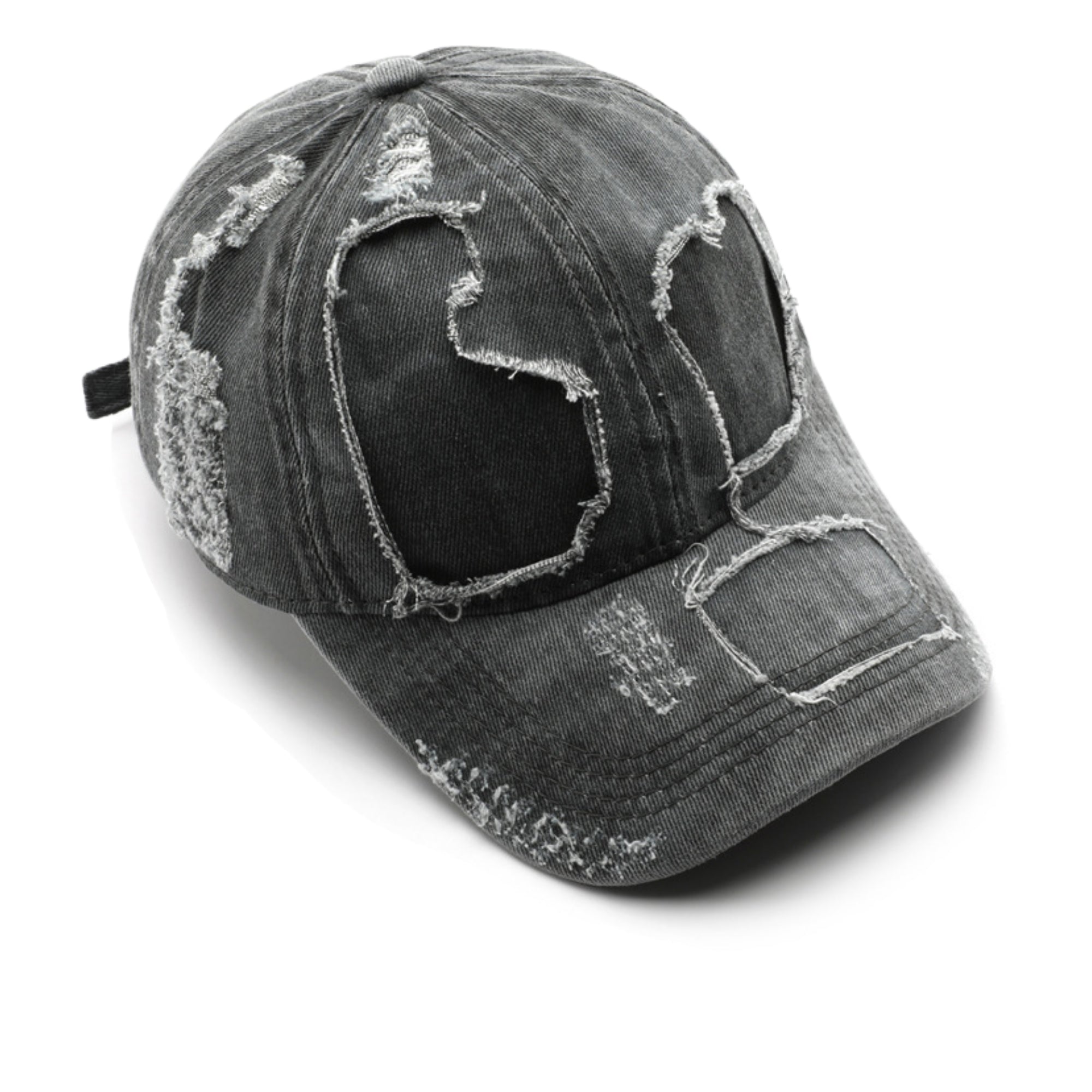 Distressed gray denim cap on a white background