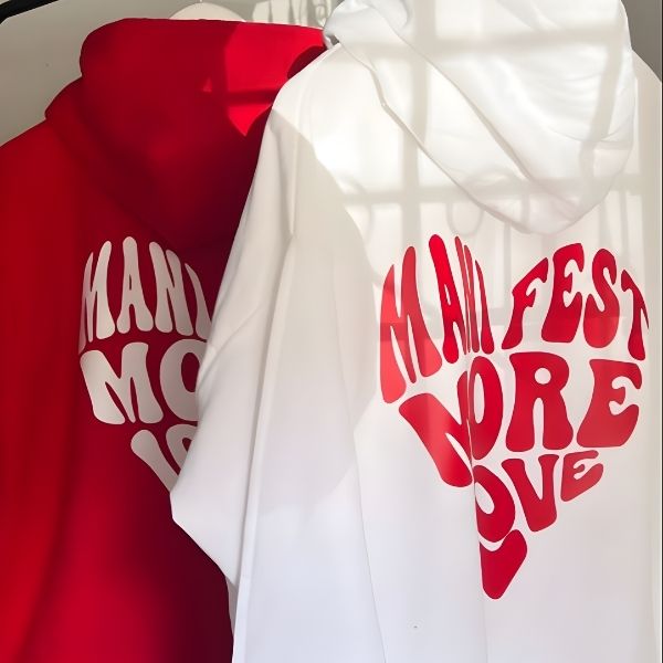 Red and white hoodies with text on the back, displayed against a neutral background.
