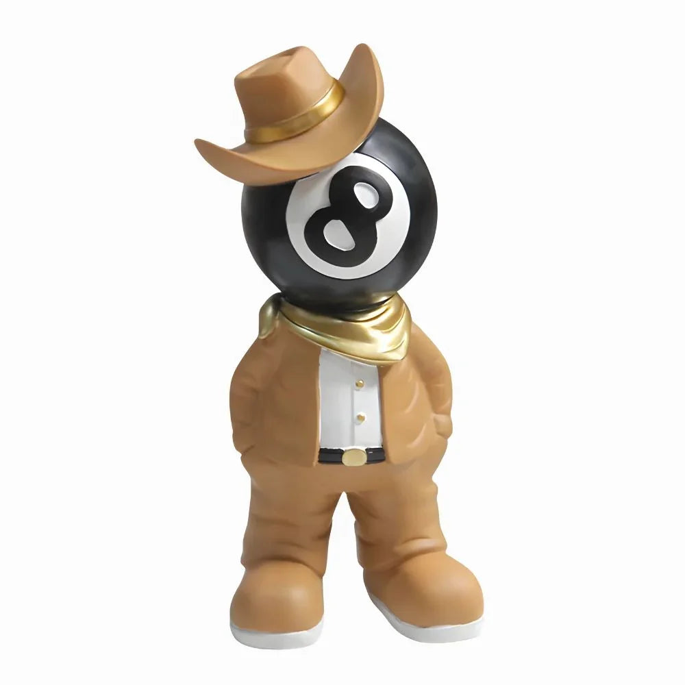 Figurine of a billiard ball with a cowboy outfit on a white background