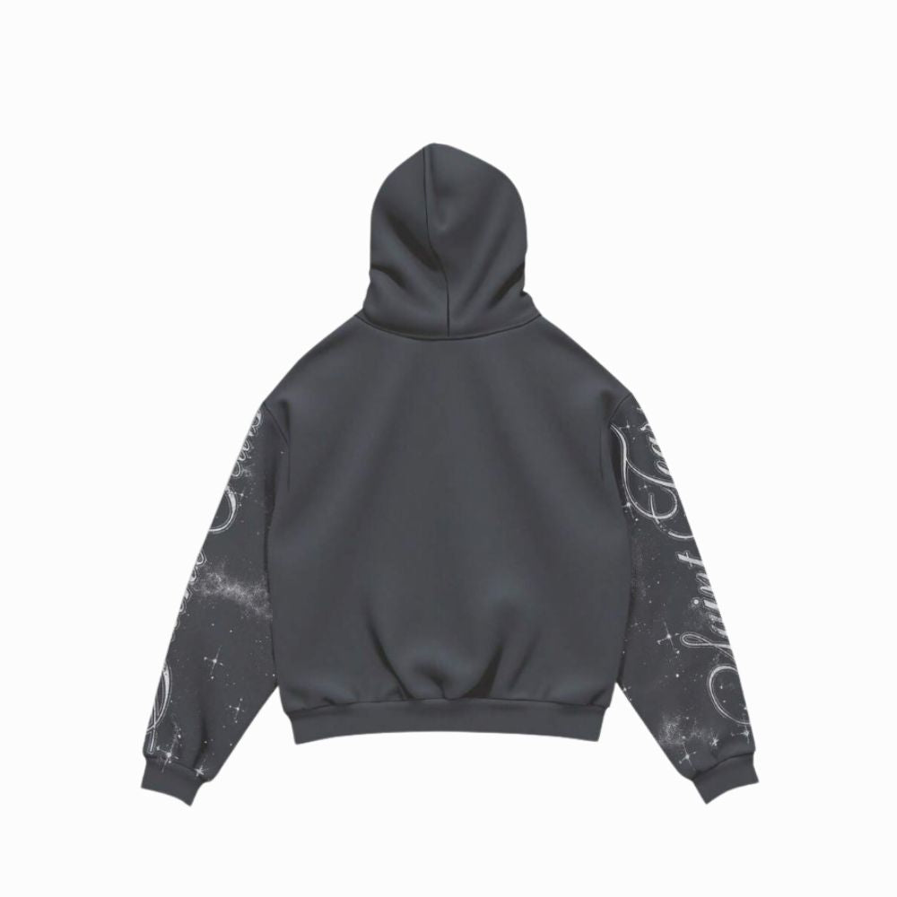 Black hoodie with white text and designs on sleeves against a white background
