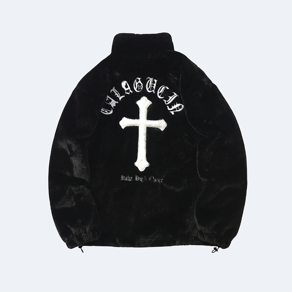 Black. A black plush fleece jacket with a high collar, featuring a large white cross and gothic-style text on the back.