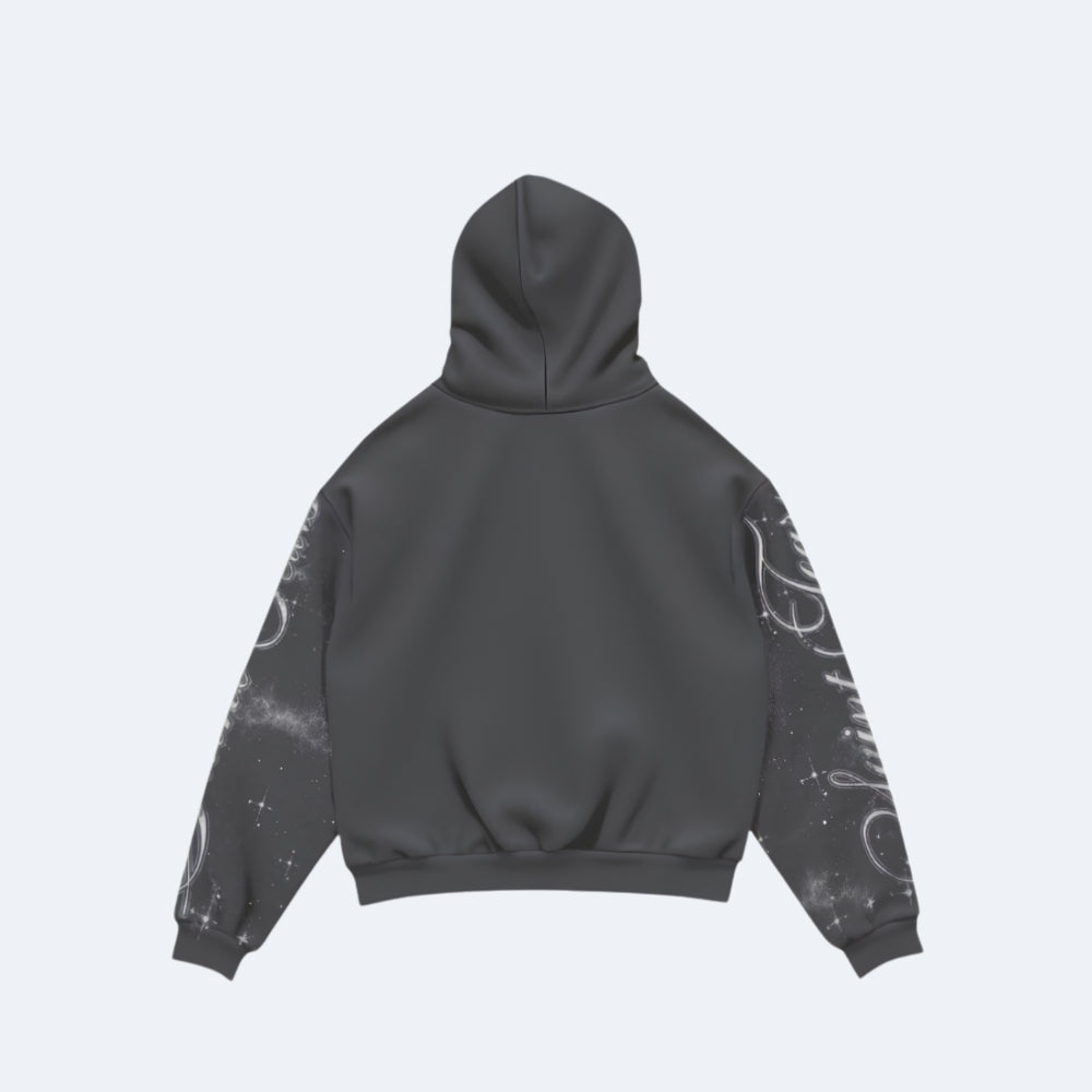 Gray. A dark gray hoodie shown from the back, featuring white abstract graffiti-style graphics printed on both sleeves.