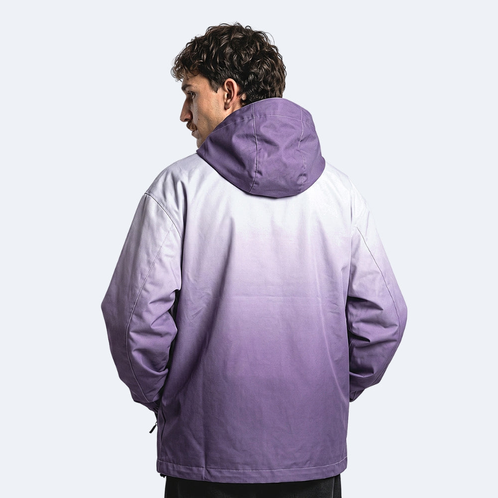 Purple. A man shown from the back wearing a hooded jacket with a purple-to-white ombré color gradient.