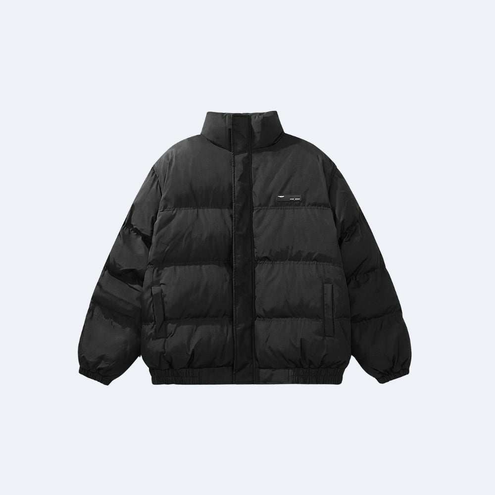Black. A black puffer jacket with horizontal quilting, a stand-up collar, and a small white logo on the left chest.