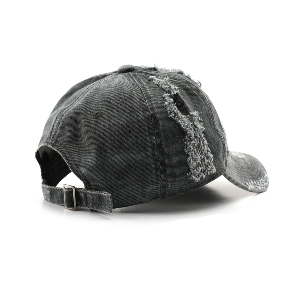Black distressed denim cap on a white background