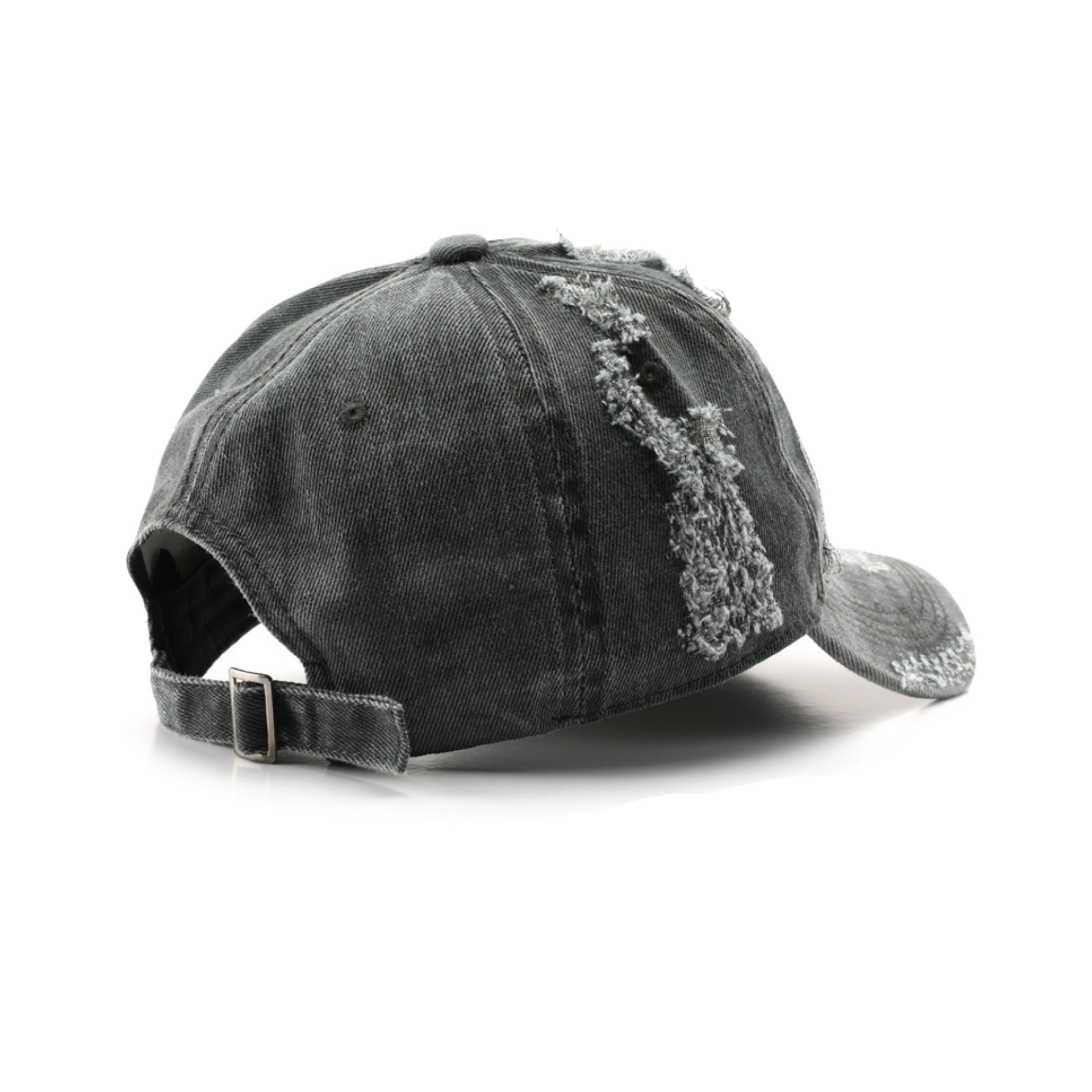 Black distressed denim cap on a white background