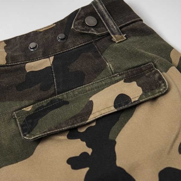 Close-up of camouflage pants with a focus on the pocket and button details.