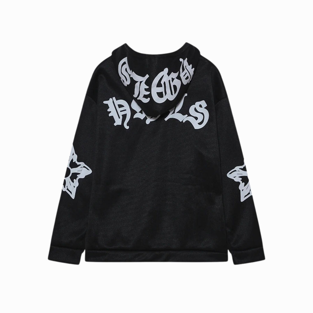Black hoodie with white text and designs on a white background