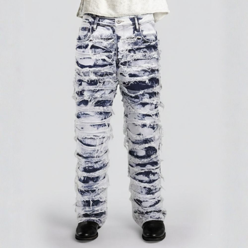White pants with black abstract patterns on a white background