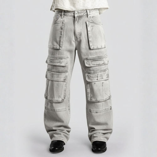 Light gray cargo pants on a plain background