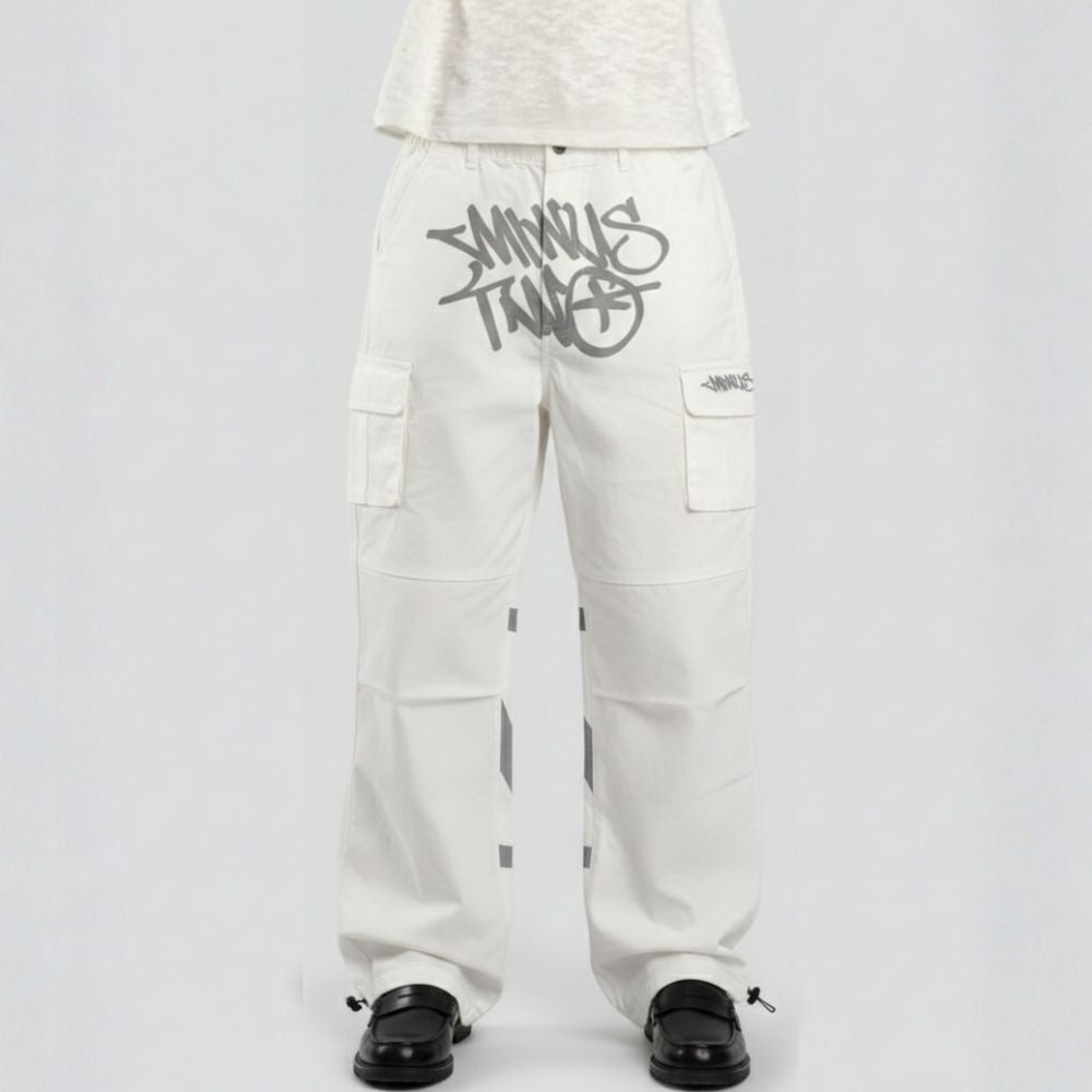 White cargo pants with black text on a gray background