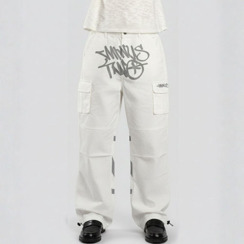 White cargo pants with black text on a gray background