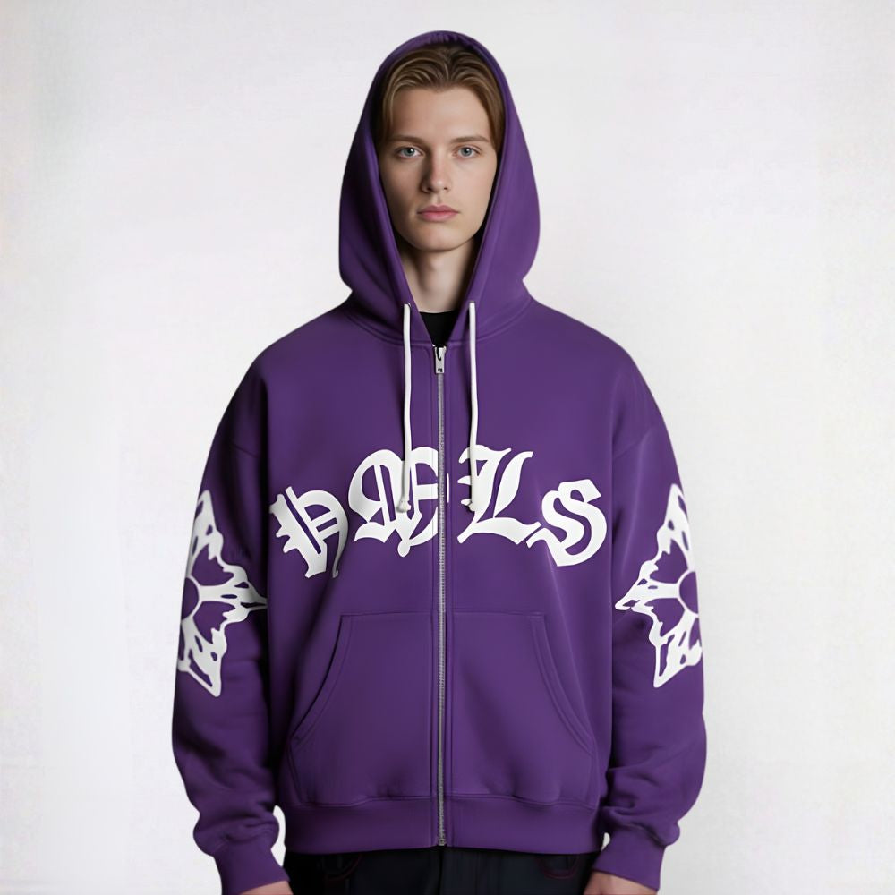 Person wearing a purple hoodie with white graphics and text on a white background