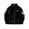 Black fleece jacket with white text and logos on a white background