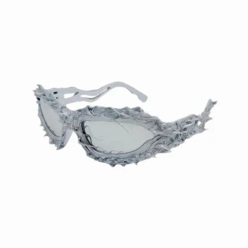 Silver sunglasses with a unique design on a white background