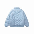 Light blue puffer jacket with heart design on a white background