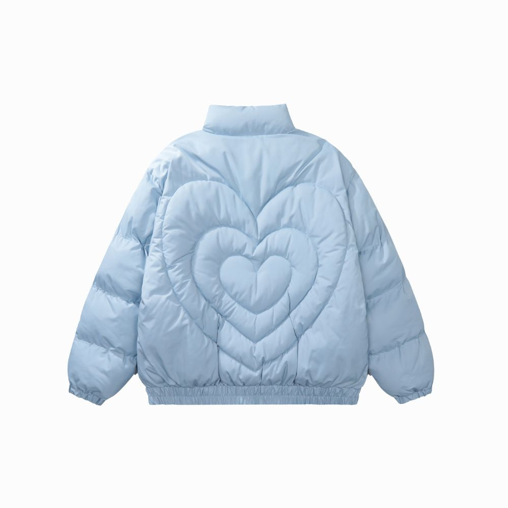 Light blue puffer jacket with heart design on a white background