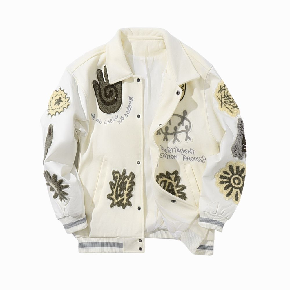White jacket with black and green graphics on a white background