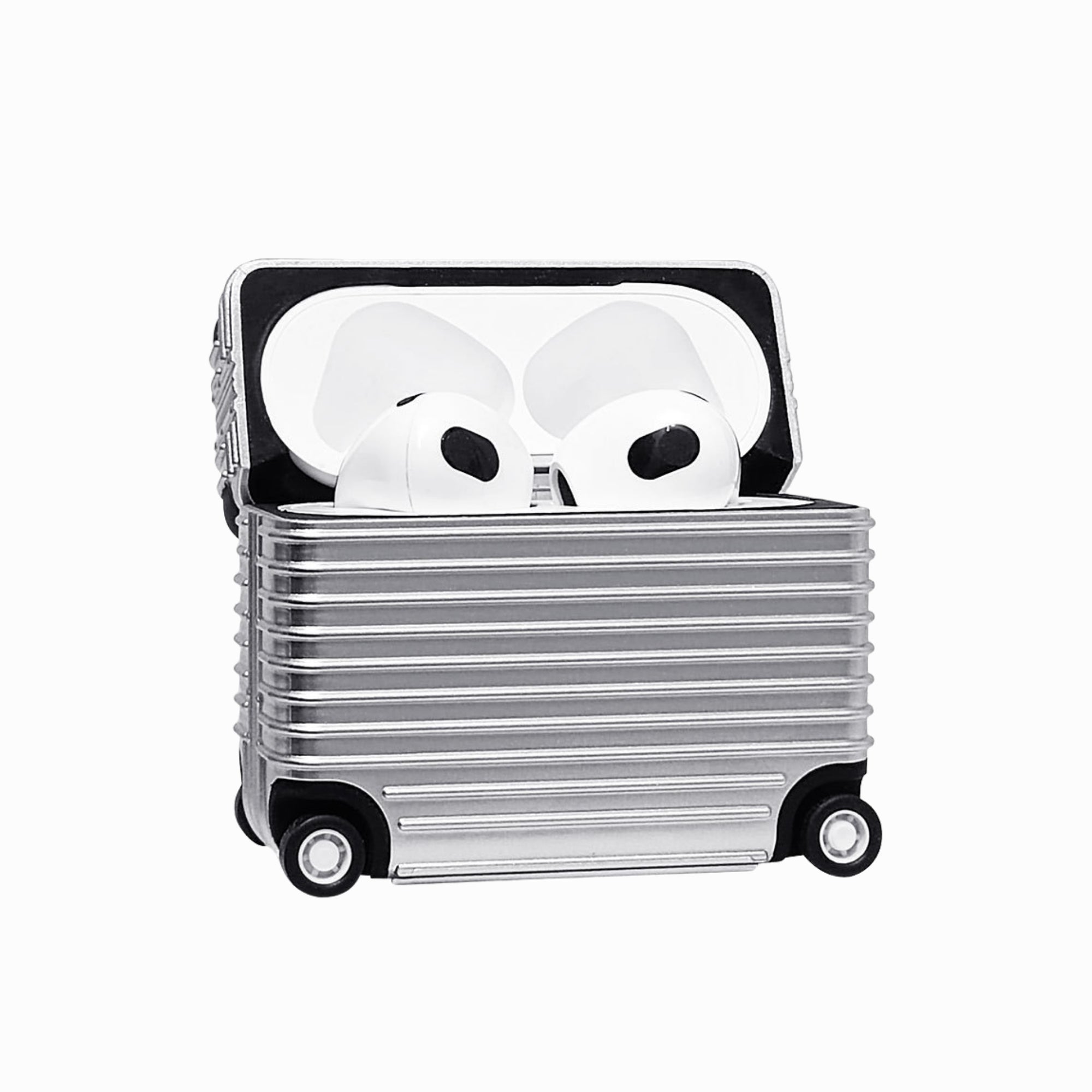 Silver case AirPods Pro inside on a white background