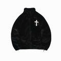 Black jacket with a white cross emblem on a white background