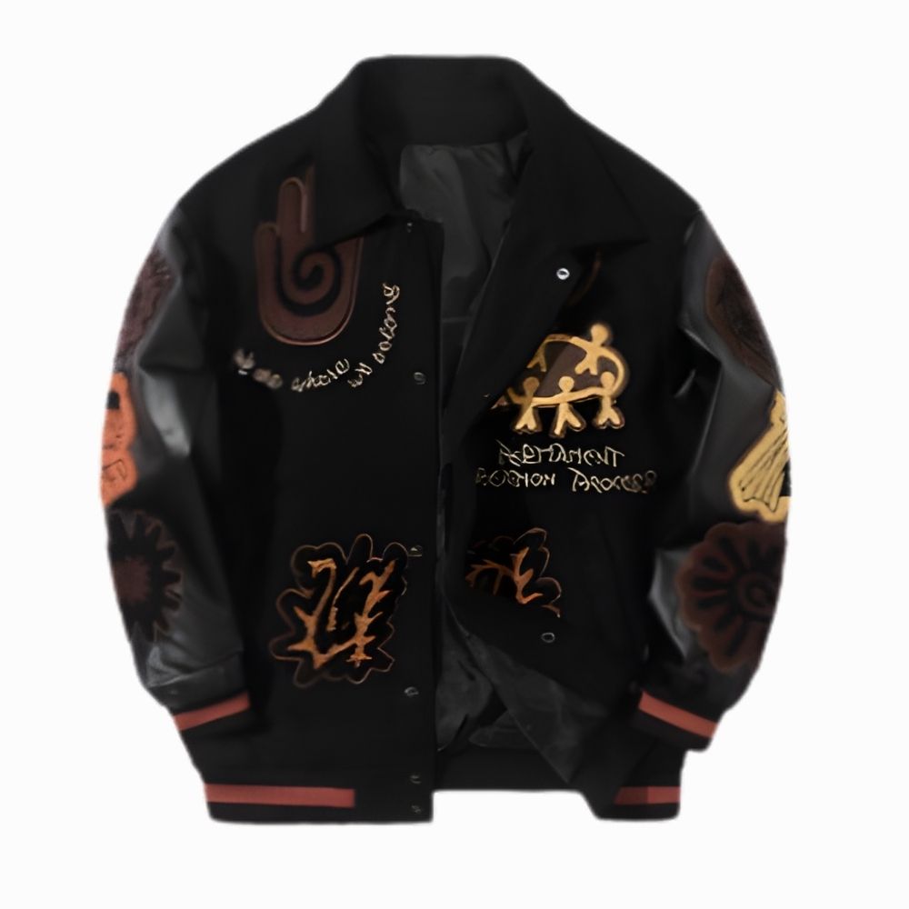 Black varsity jacket with gold and brown embroidery on a white background