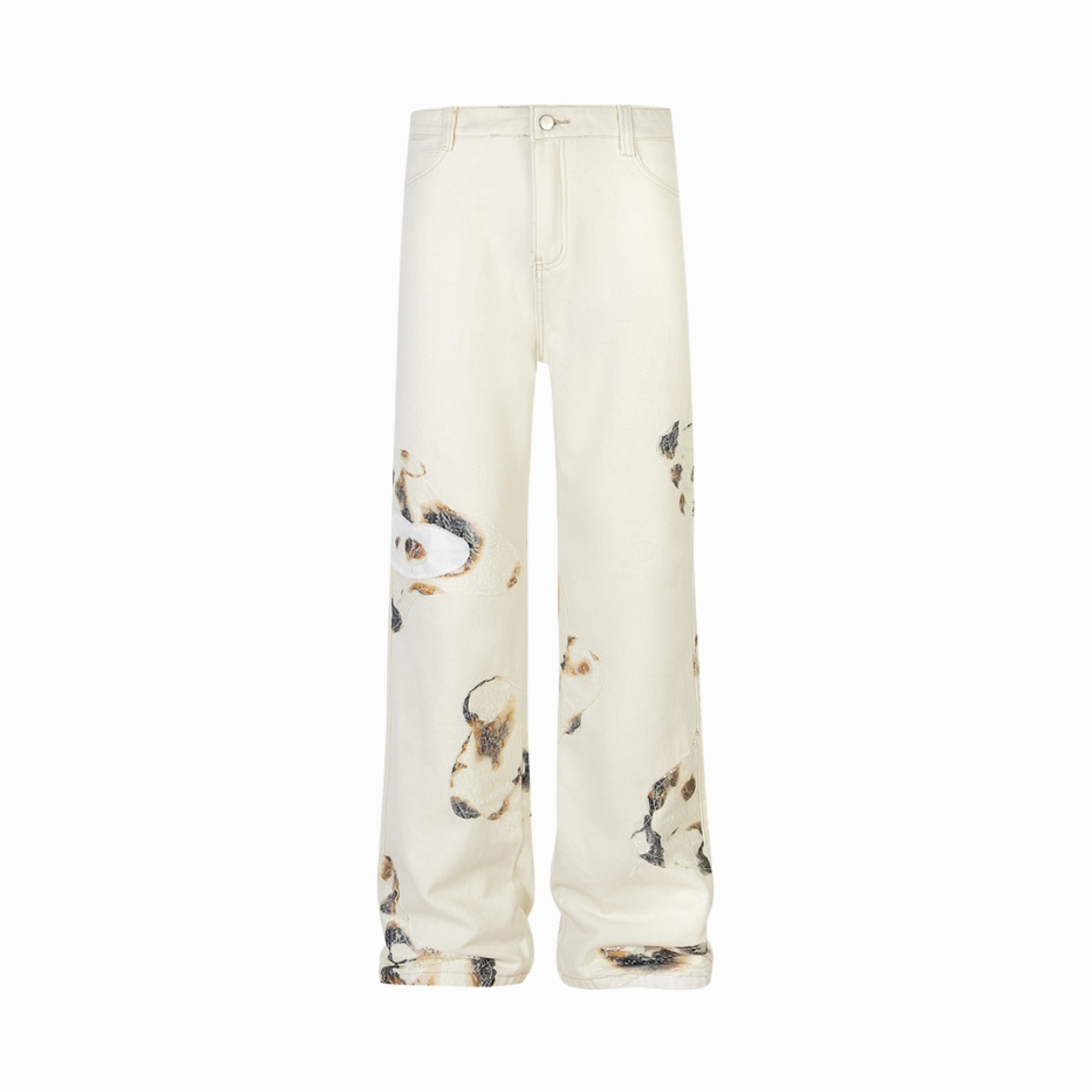 White pants with animal print on a white background