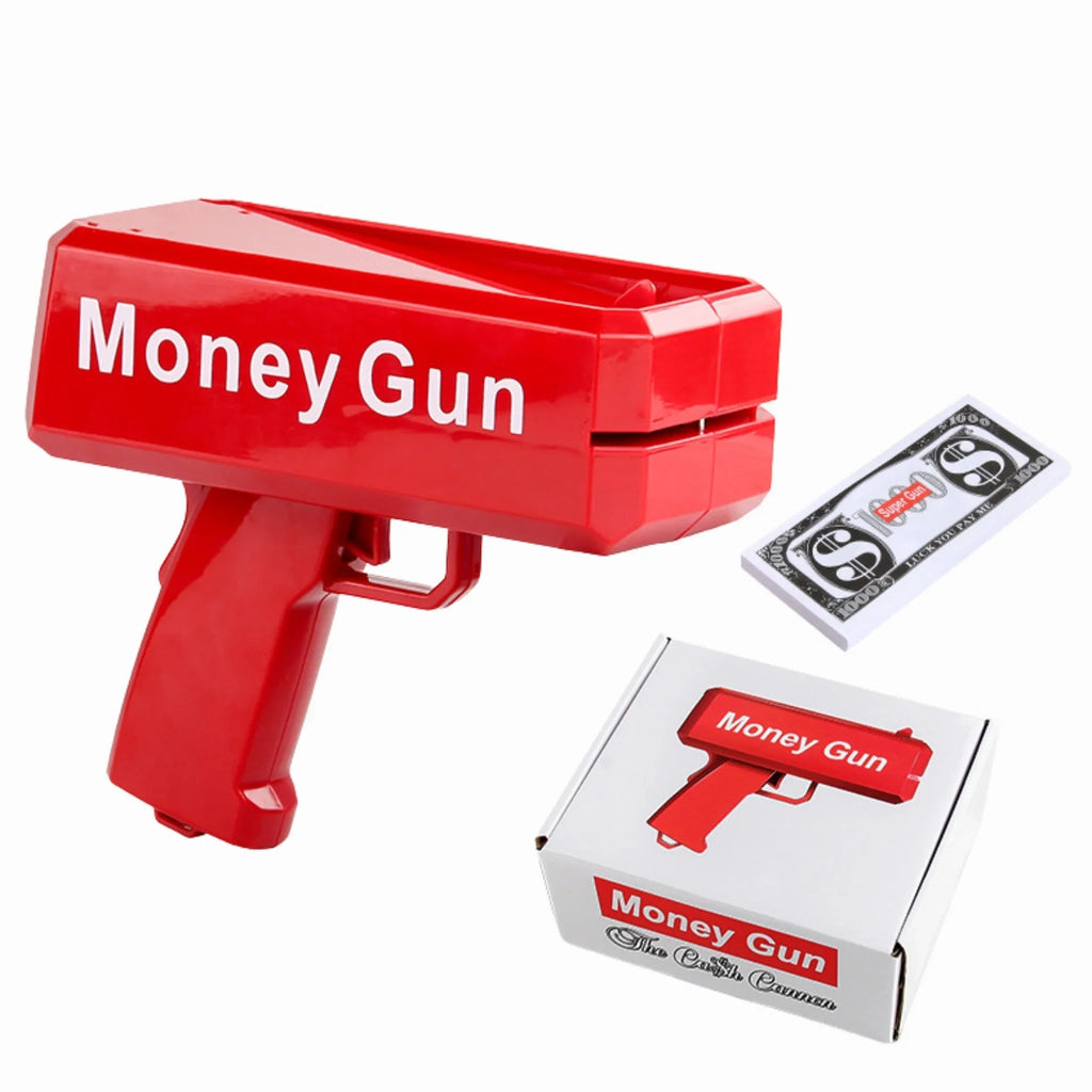 Red 'Money Gun' toy with a box and dollar bill on a white background