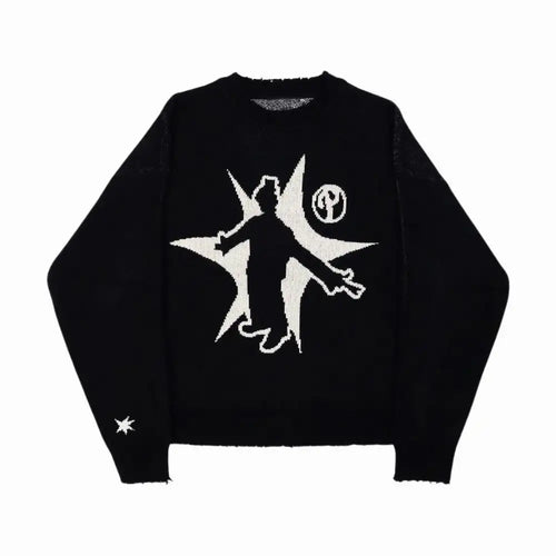 Black sweater with white graphic design on a white background