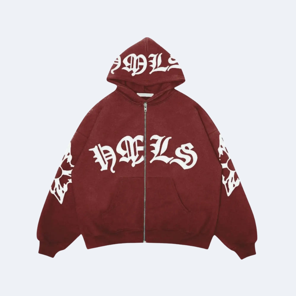 Burgundy. A maroon zip-up hoodie with white Gothic lettering across the chest, hood, and sleeves.