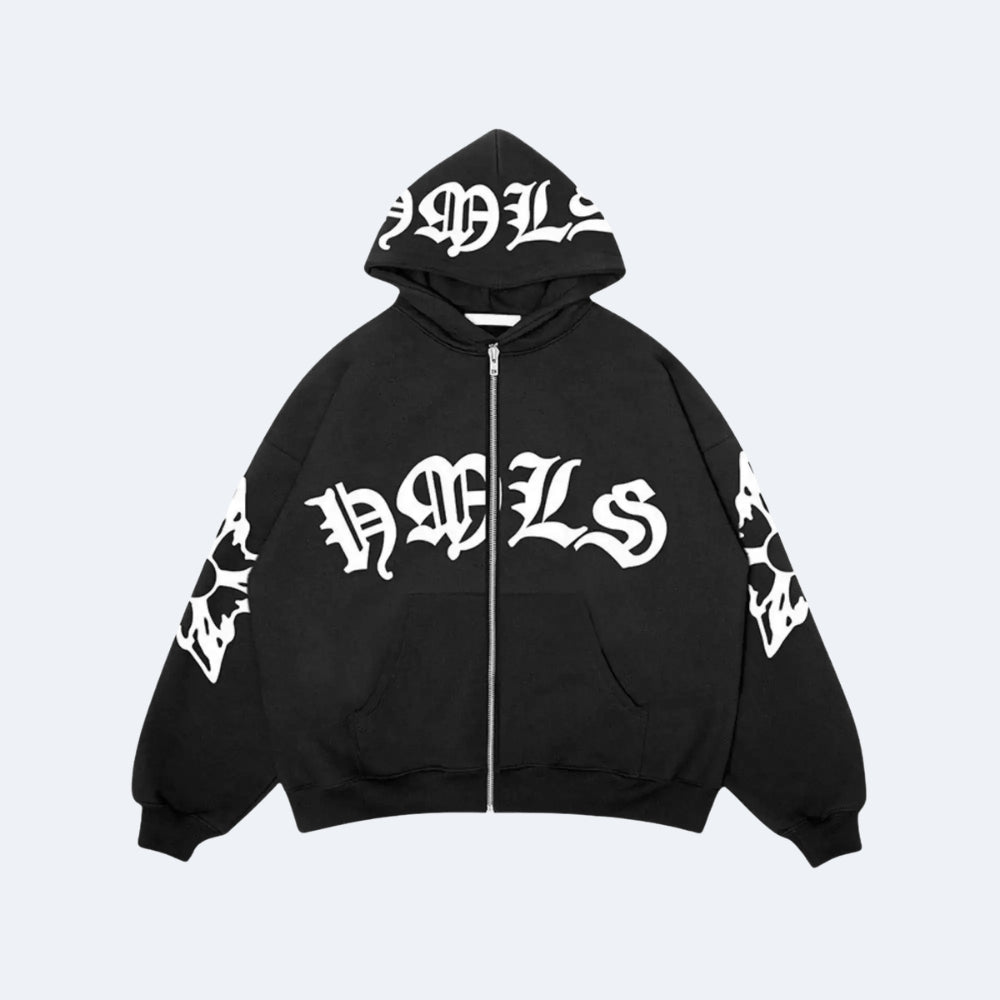 Black. A black zip-up hoodie with white Gothic lettering on the hood, chest, and sleeves, displayed flat.