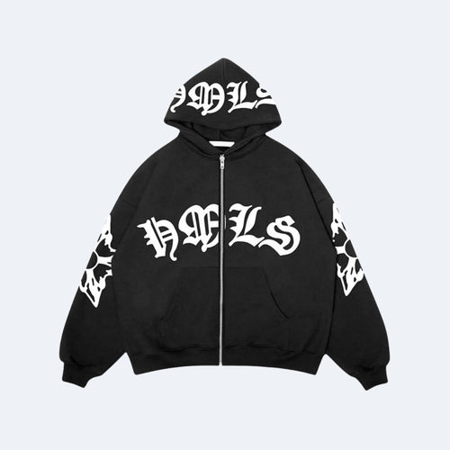 Black. A black zip-up hoodie with white Gothic lettering on the hood, chest, and sleeves, displayed flat.