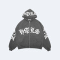 Gray. A dark gray zip-up hoodie with white Gothic lettering on the hood, front, and sleeves.