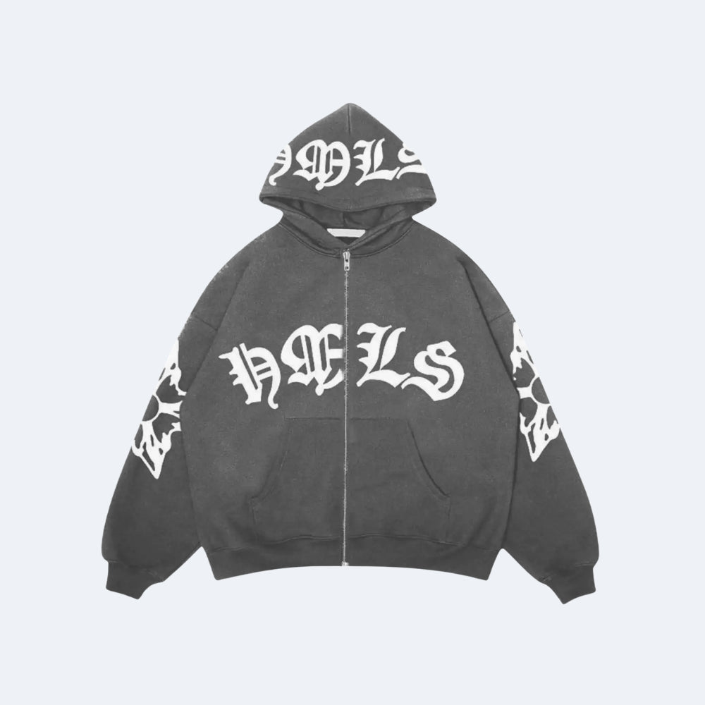 Gray. A dark gray zip-up hoodie with white Gothic lettering on the hood, front, and sleeves.