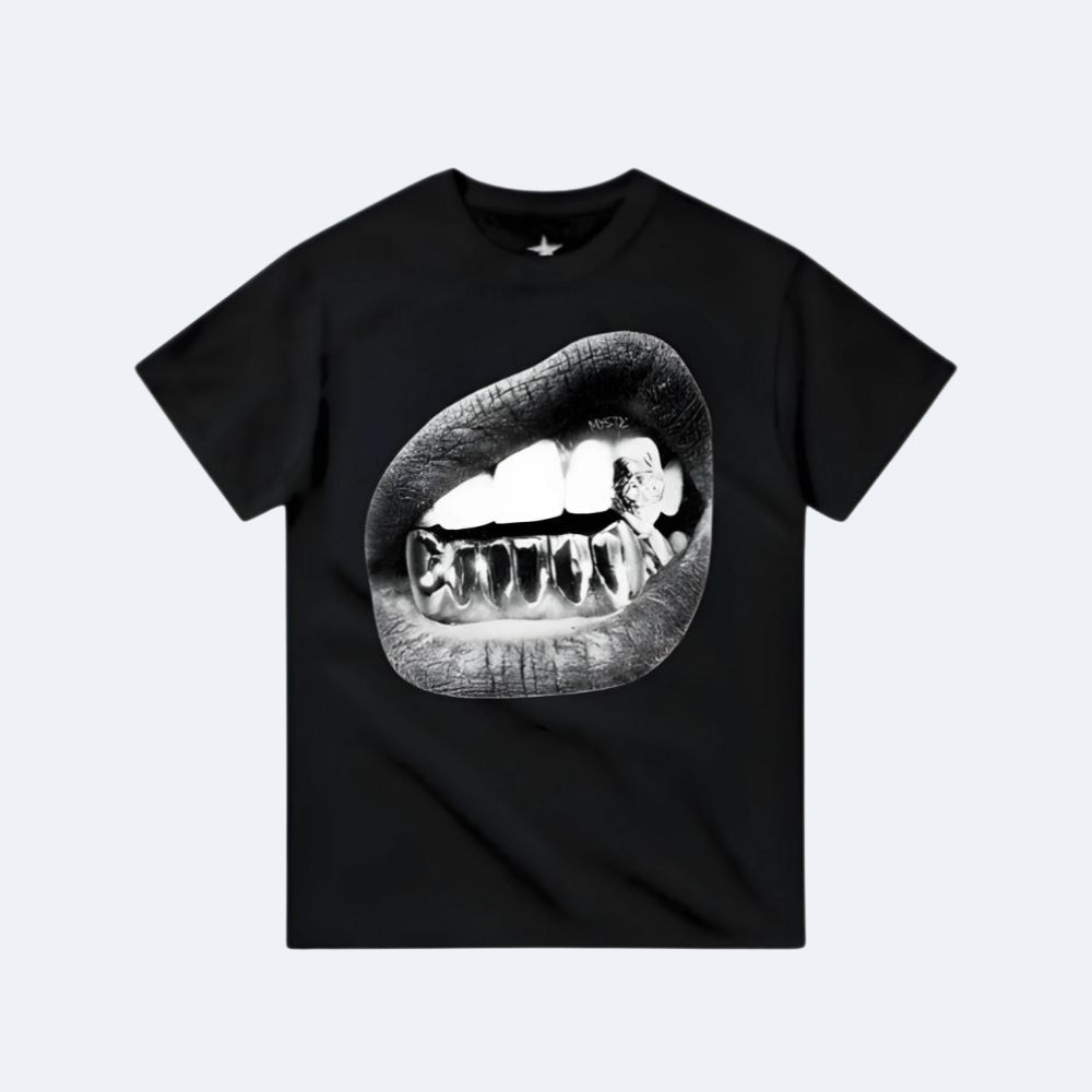 Black. A black short-sleeve crewneck t-shirt featuring a large black and white graphic print of a mouth with sharp teeth on the front.