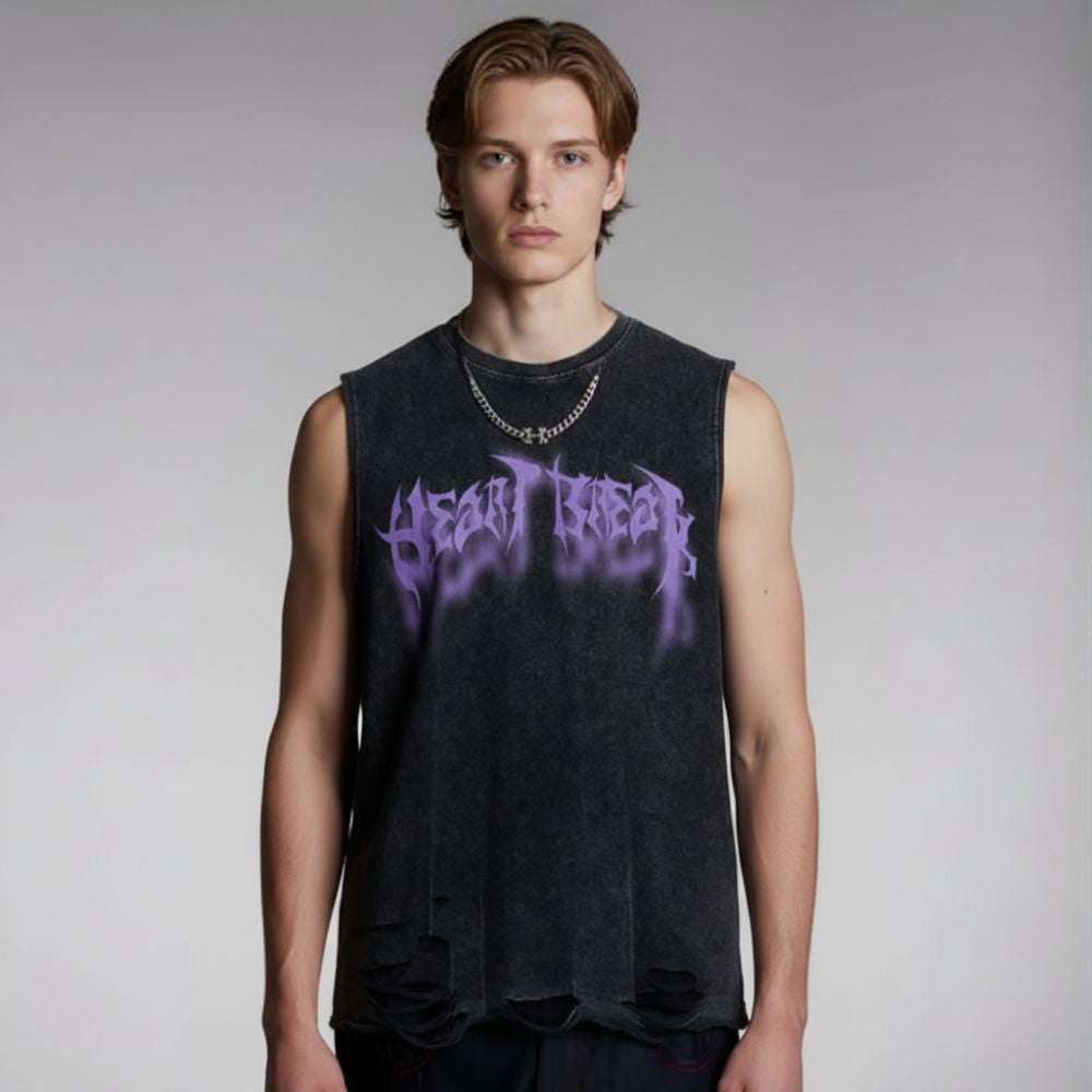 Person wearing a black sleeveless shirt with purple text on a plain background