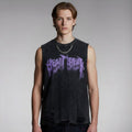 Person wearing a black sleeveless shirt with purple text on a plain background